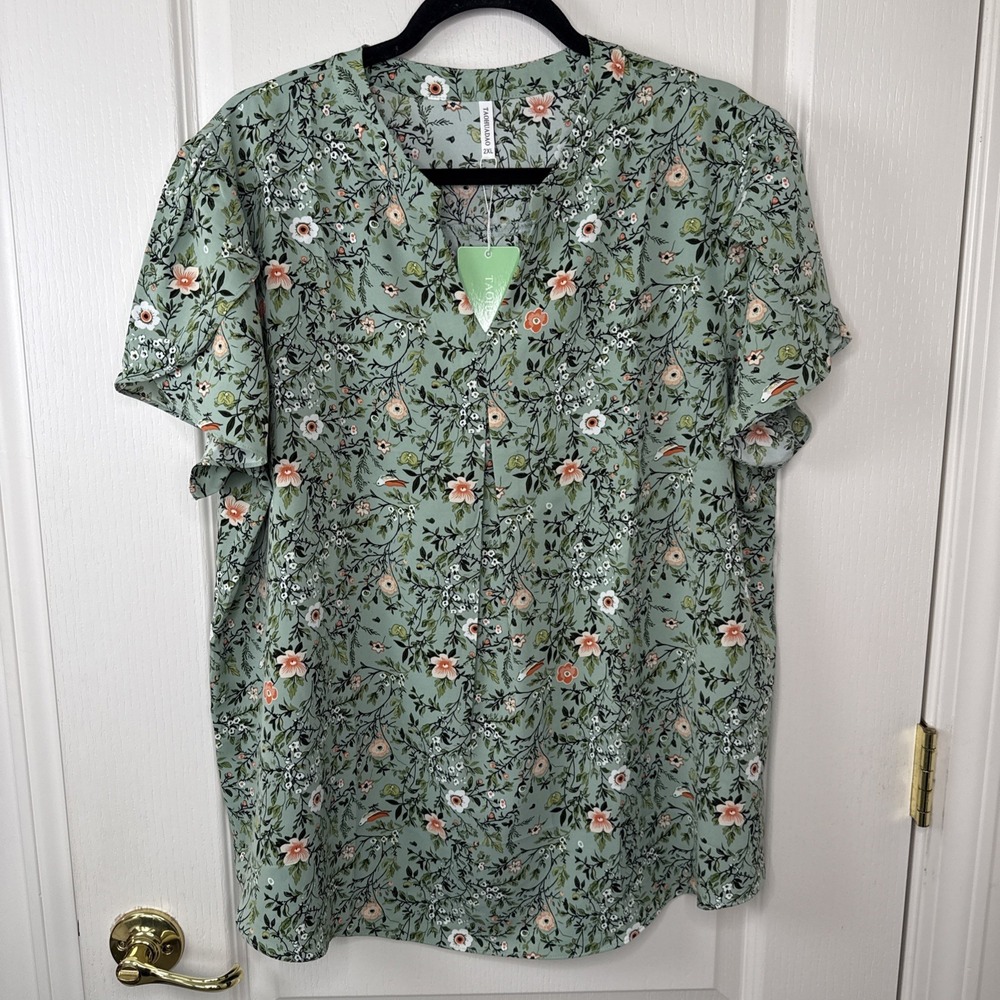 TAOHUADAO NWT Womens 2XL Sage Green Floral Bird Print Blouse Flutter Sleeve